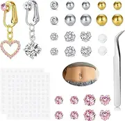 [QWALIT] Fake Belly Piercing Cubic Zircon Clip on Belly Button Rings Stick on Navel Ring non Piercing Fake Piercing Jewelry no Pierced Gold Heart Silver Sticky Balls, Metal, stainless-steel