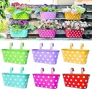 LaLaGreen Outdoor Hanging Planter (6 Pack, 11.2 Inch) Light Purple, Green, Yellow, Cadet Blue, Dark Pink, Red Metal Iron Window Boxes Polka Dot Flower Pot Deck Railings Fence Rails Porch Garden Decor