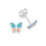 Silver Pink & Aqua Sparkly Butterfly Earrings in Pink