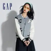 在飛比找momo購物網優惠-【GAP】女裝 Logo純棉立領棒球外套-灰色(872711