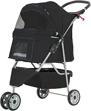Furniture of America Buddy 3-Wheel Pet Stroller Waterproof Travel Folding Carriage with Cup Holder, Mesh Window, Black