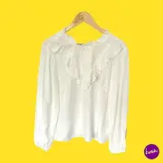 WAREHOUSE Women's Lovely Ruffle Top, Frilly Neckline, Pleat Accents, Ivory,UK 12
