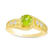 6.0mm Peridot and Natural Diamond Accent Antique Vintage-Style Bypass Ring in Sterling Silver with Solid 14K Gold Plate