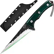 FULLHI Boning Knife with Sheath,Full Tang Kitchen Knife,Carbon Steel Carving and Boning Knife,Fishing Knife for Home,Camping Barbecue (Green, 14cm)