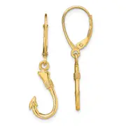 14K Yellow Gold 3-D Fish Hook Leverback Earrings