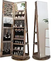 Giantex 161CM(H) Jewelry Armoire with Full Length Mirror 360° Swivel, 3-Color LED lights, Rear Storage Shelves, Lockable Standing Jewelry Cabinet Organizer with Large Storage Capacity (Coffee)