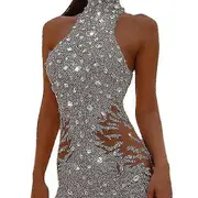Sequin Jumpsuit Overalls For Women Long Sleeve Sparkly Bodycon Slim Rompers M