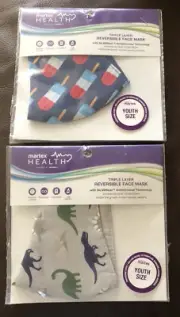 2 Children's Face Mask Martex Red White Blue Popsicle & Dinosaur design NEW