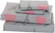 4pc Queen Size Sheet Set for Girls Paris Bedding Eiffel Tower Pink Grey New