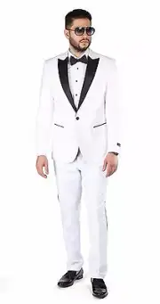 White Slim Fit 1 Button Peak Lapel Tuxedo Satin Collar Flat Front Pants By AZAR