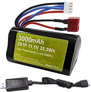 11.1V 3000mAh 15C 3S Li-ion Battery with T Plug and USB Charger Suitable for R608 2104 Brushless RC Boat 210E 200E RC Brushless Remote Control Car High-Speed Car Battery