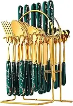 SHENMAIDAY 24 Pieces Stainless Steel Cutlery Set, Modern Kitchen Utensil Set, Steak Knife/Fork/Spoon/Coffee Spoon Combination Cutlery with Hanging Storage Rack for Home and Restaurant (Dark Green)