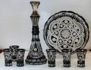 Wine Set "ROYAL BLACK"- DECANTER, 6 SHOT GLASSES & TRAY Cased Crystal RUSSIA New