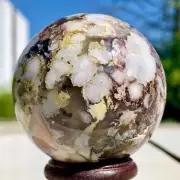 218G Natural Sakura Flower Agate QUARTZ Sphere Crystal Ball Healing