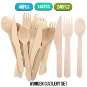 48-240Pcs Wooden Cutlery Set Disposable Eco-Friendly Knives Forks Spoons AU