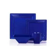 16 Pcs Square Beaded Stoneware Dinnerware set - Blue, 16 Piece, Square Beaded