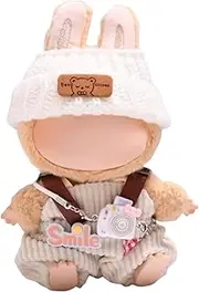 Mrltau Cute Baby Casual Stile Clothes For Labubu Keychain Doll, With knitted beanie & Plush Overalls & Camera Deco, Outfit Accessories for Labubus 1./2./3 .Generation Blind Box(white)