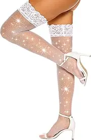 [RSLOVE] Women Sexy Thigh High Stocking Sparkly Rhinestone Fishnets Lace Top Silicone Socks