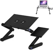 Desk Stand Table with Cooling Fan, Foldable Adjustable Aluminum Portable Laptop Stand Work Study Tv Bed Lap Tray Flexible Portable Reading Holder with CPU Fans Side-Mount Mouse Pad (Black)