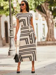 Sosandar Black Geometric Print Stretch Waist Midi Jersey Dress (F93583) | $136