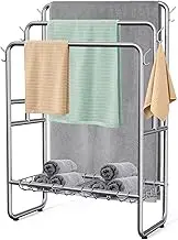 Kayfia 40'' H Standing Towel Rack 2 Storage Baskets & 6 Hooks, 3 Tier Silver Metal Towel Holder for Extra Large Towel, Modern Industrial Blanket Ladder Display Drying Rack for Bedroom Bathroom Grey