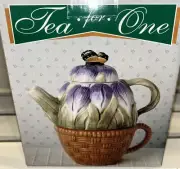 Vintage 3 Piece Ceramic Purple Tulip Flower Tea for One Teapot and Cup Set New