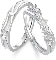 [Kokoma] Delicate Star Crescent Matching Ring for Him and Her Rhinestone Luminous Glow Moon Star Wedding Band Eternity Promise Couples Ring Set Jewelry, Copper, No Gemstone