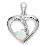 14k White Gold Created Opal and Real Diamond Heart Pendant