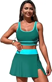 [ABAFIP] Women's Athletic Swimsuits Two Piece Sports Bikini High Waist Tummy Control Bathing Suit Skirt Set