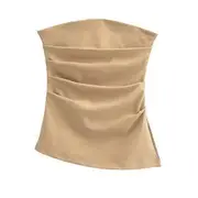 Plain Ruched Slit Tube Top Khaki - S