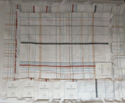 Set of 6 Hearth & Hand Placemats 14" x 19" Plaid Tassels Cream Blue Red Magnolia