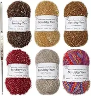 6 Skeins Scrubby Yarn for Dishcloths Crocheting, Polyester Dish Scrubby Yarn, Colorful Glitter Knitting Yarn Bundle with 1 Crochet, Assorted Colors Pastel Yarn for Dish Towel