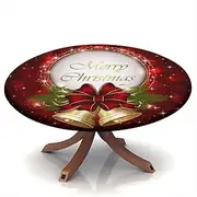 Xmas Fitted Polyester Tablecloth Round, Christmas Bells Elastic Edge Home Decor Table Cover, Stain Resistant Washable Fabric Table Clothes for Family Festival Party Use, Fit for 28" Round Table