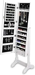 LEVEDE Jewelry Cabinet Armoire, Freestanding Lockable Floor Makeup Storage Organizer with Full Length Mirror, Wall/Door Mounted Dressing Mirror for Bedroom,Living Room,Bathroom, White