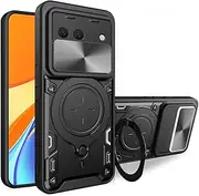 FORZAMOR for Google Pixel 8a 5G (6.1 Inch) Case Shockproof with Back Camera Slide Window Cover, Ring Kickstand Armor Military Rugged Cover (Pixel 8a, Black)