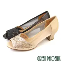 在飛比找ETMall東森購物網優惠-GREEN PHOENIX 女 中跟鞋 魚口鞋 真皮 露趾 