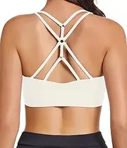 [Comper] Sports Bra for Women Criss Cross Back Strappy Padded Sports Bras Supportive Workout Yoga Bra, White, Large