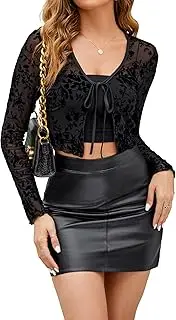[GAMISS] Mesh Top for Women Long Sleeve Open Front Tie Mesh Shirt V Neck Sheer Crop Tops Tee Shirts Blouses Shrugs, Floral Print 1, Small
