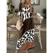 Women's Maxi Dress Casual Dress Winter Dress T Shirt Dress Tee Dress Leopard Color Block Pocket Print V Neck Long Dress Maxi Dress Date Vacation Long Sleeve Fa