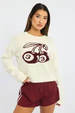 White Cherry Knit Top Long Sleeve - Size 8XS, Women's Crop Knitted