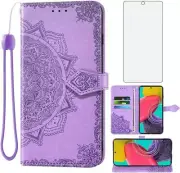 for Samsung Galaxy M53 Tempered Screen Protector Leather Wallet Case - Purple