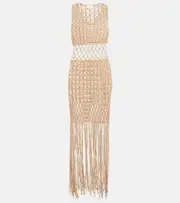 [Anna Kosturova] Anna Kosturova Fringe-trimmed crochet midi dress AU 16 gold