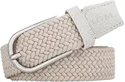 [Gudoye] 3cm Wide Braided Stretch Women Belt funky Colours Elastic Woven Cow Leather Pin Buckle No Holes Canvas Belt(Beige yellow,105cm)