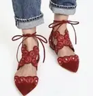 Tory Burch Sz 7 Yasmin D'Orsay Flats Red Sandals Embroidery Beaded Shoes $398!