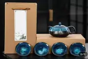 Handmade Beautiful Blue Ceramic Teapot And 4 Cups Set Traditional Style