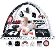 Black and White Baby Gym Play Mat with 6 Toys Tummy Time Activity Mat for Bab...