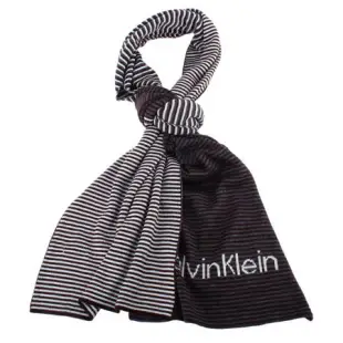 Calvin Klein CK細橫紋拼色大LOGO針織圍巾(深紅灰色)