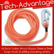 TENOB Orange Hi-Tech Boat Trailer Winch Ropes 7mm x 6mtr - SNAP Hook - 3,600KG