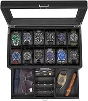 BEWISHOME 12 Slot Watch Box with Valet Drawer, Luxury Watch Cases for Men Watch Display, Watch Organizer With Mens Jewelry, Real Glass Top, Metal Hinge, Black SSH02L