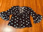 NWT Topshop women's black floral polka dot blouse 12 top shirt flutter sleeve